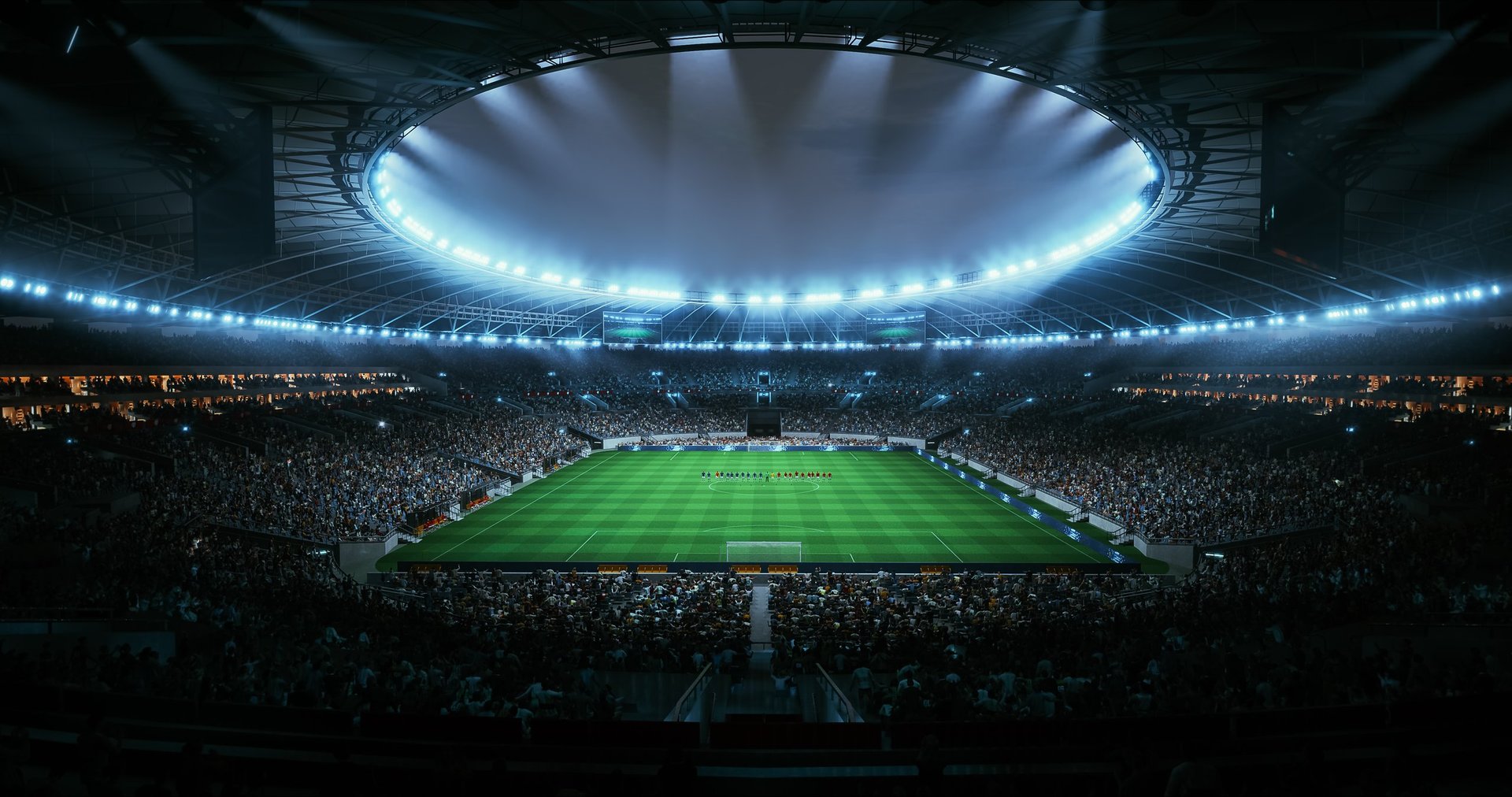 FIFA World Cup stadium with soccer fans celebrating and confetti