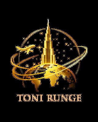 Gold logo for Toni Runge featuring a tall building, world globe, airplane, and orbiting rings on black background