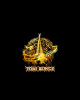 Gold logo for Toni Runge featuring a stylized planet with orbiting rings and a tall building in the center on black background
